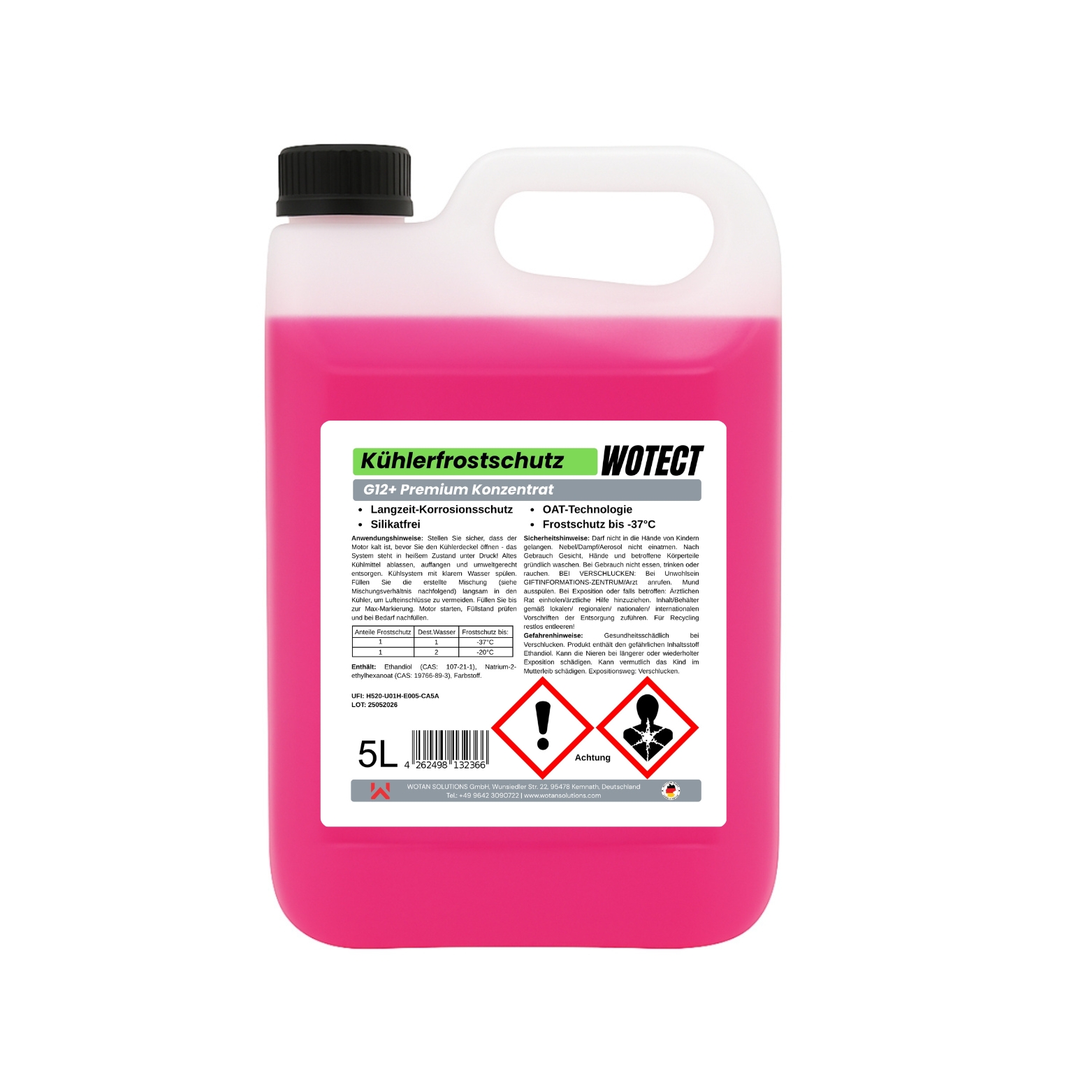 Kühlerfrostschutz G12+, G12+ Konzentrat, Frostschutzmittel OAT, WOTECT, Kühlmittel silikatfrei, Motorschutz