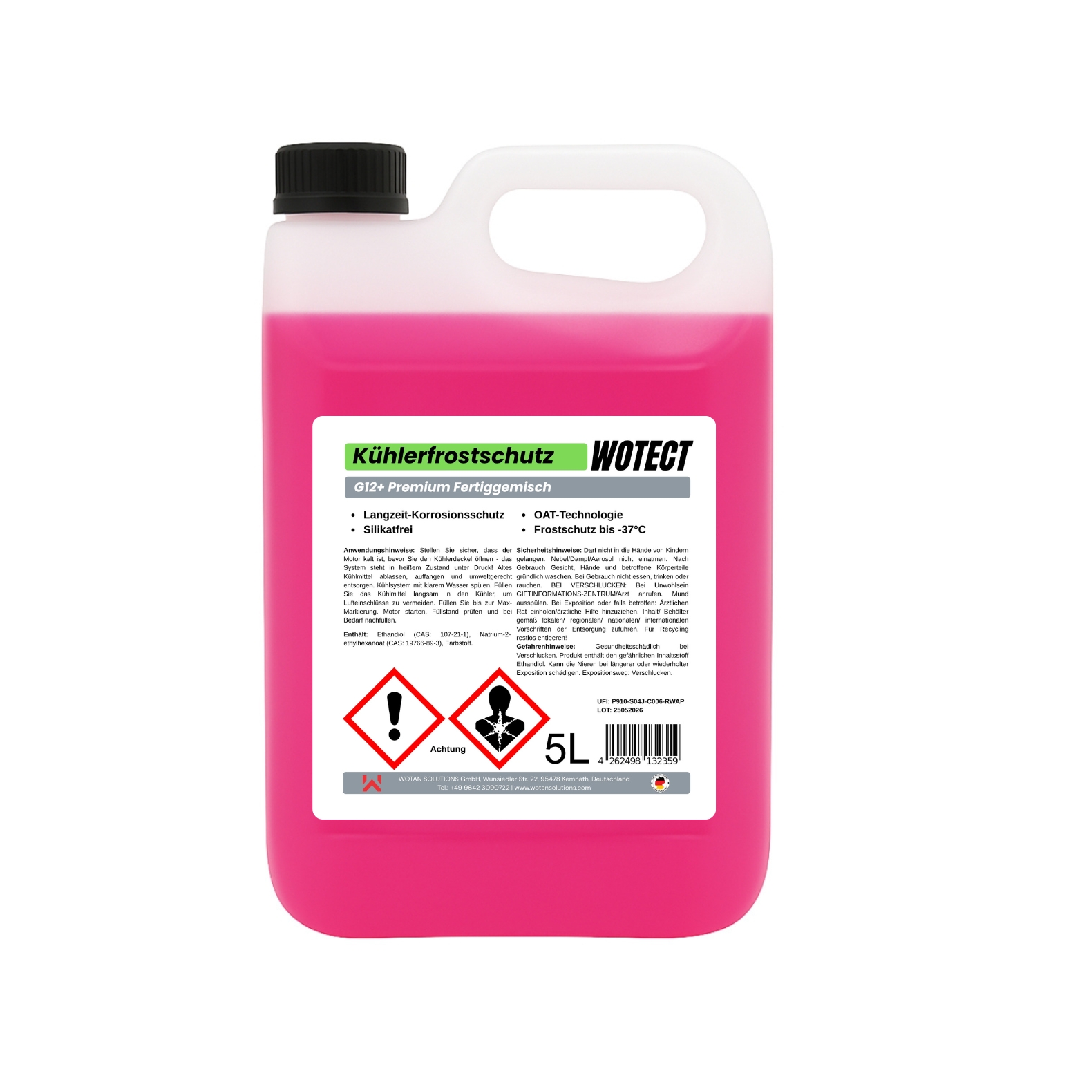 Kühlerfrostschutz Fertigmischung, G12+ Ready to use, Frostschutzmittel einsatzbereit, WOTECT G12+, OAT Kühlwasser, Auto Frostschutz