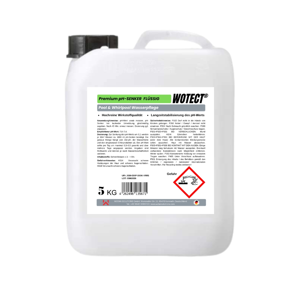 pH-Senker flüssig, pH-Minus Pool, WOTECT Poolchemie, Whirlpool Wasserpflege, pH Wert senken, Dosieranlage Pool