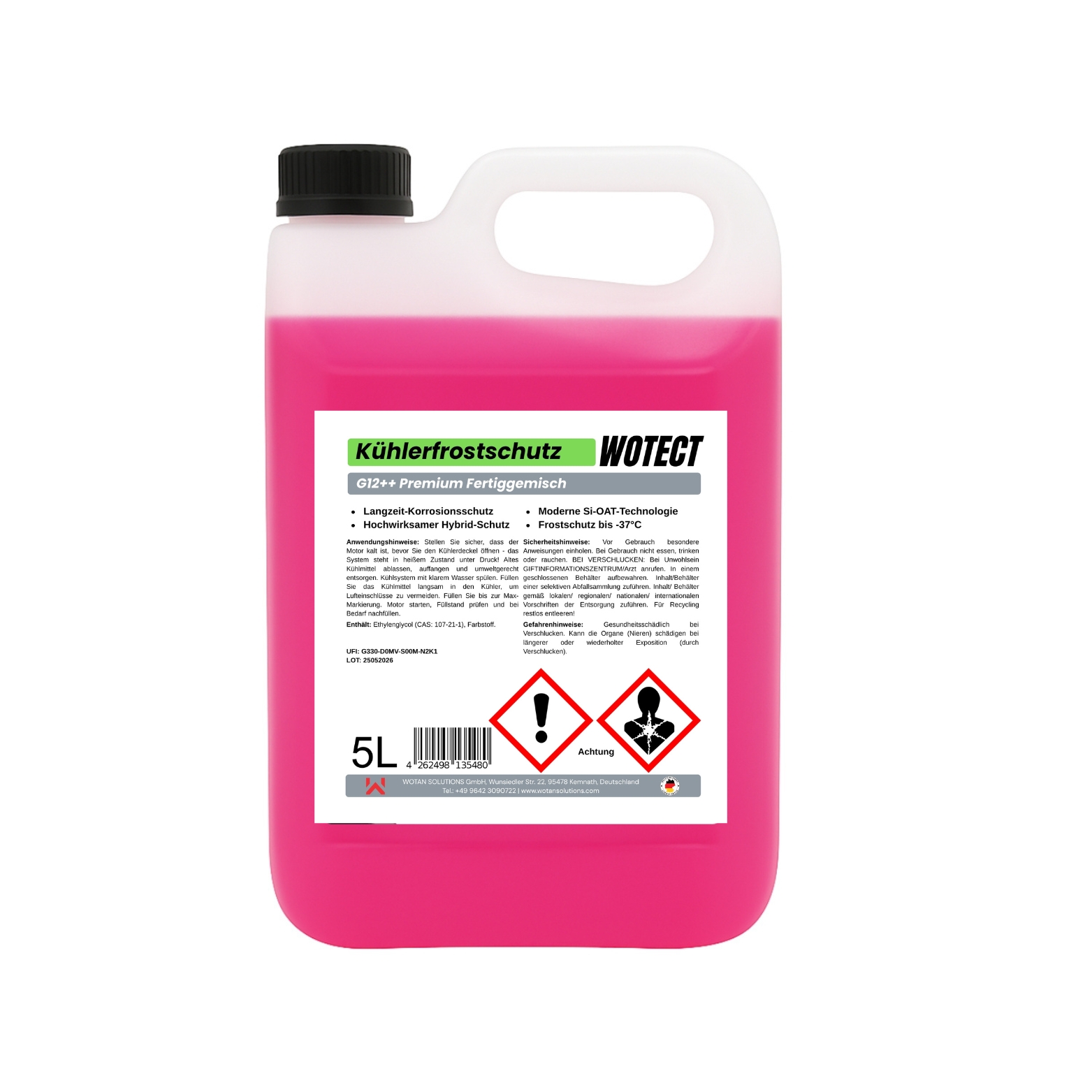 Kühlerfrostschutz Fertigmischung, G12++ Ready to use, WOTECT G12++, HOAT Kühlwasser einsatzbereit, Frostschutz Auto nachfüllen